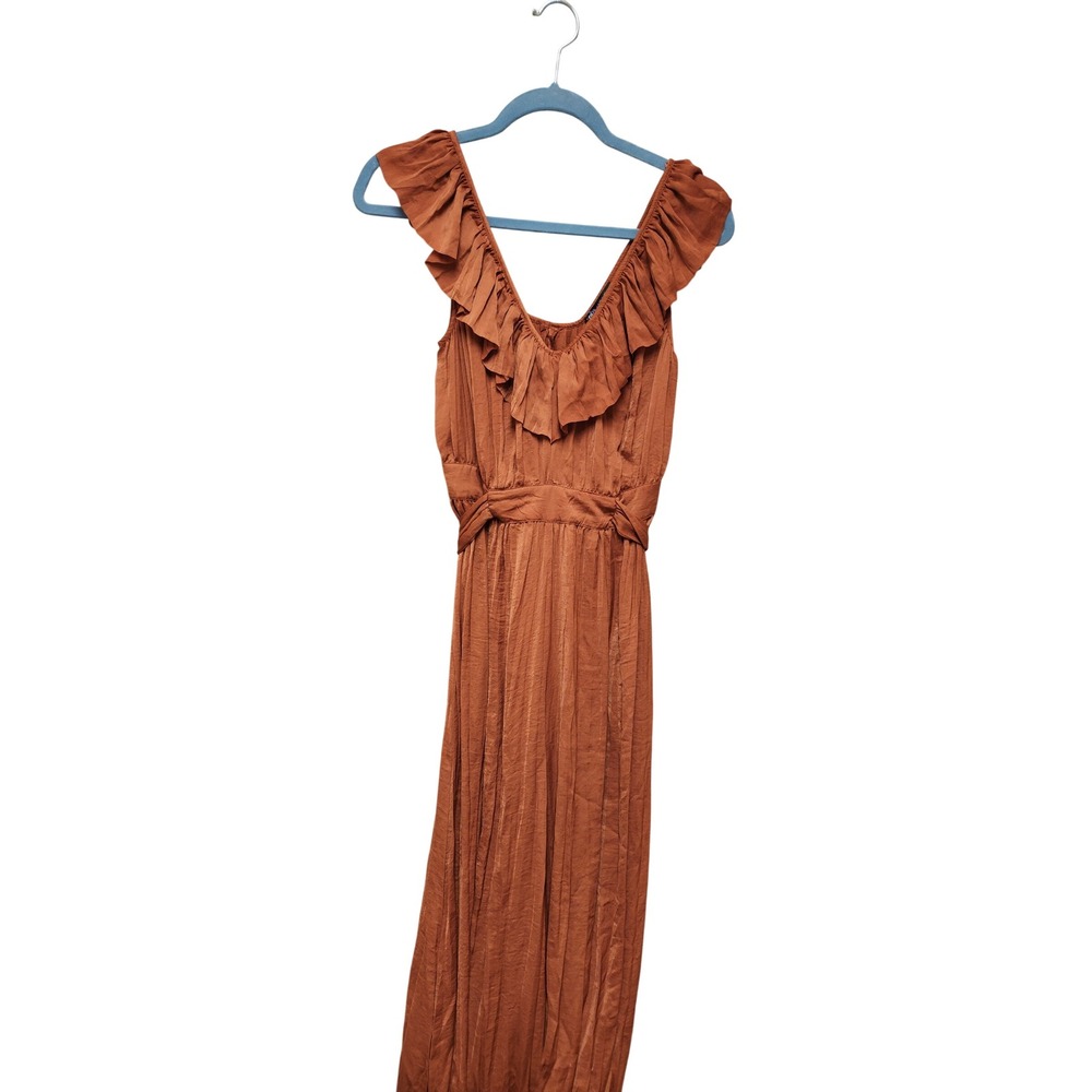 Zara Rust Brown Ruffle V-Neck Crinkle Wide Leg Jumpsuit XS Tie Back Sleeveless